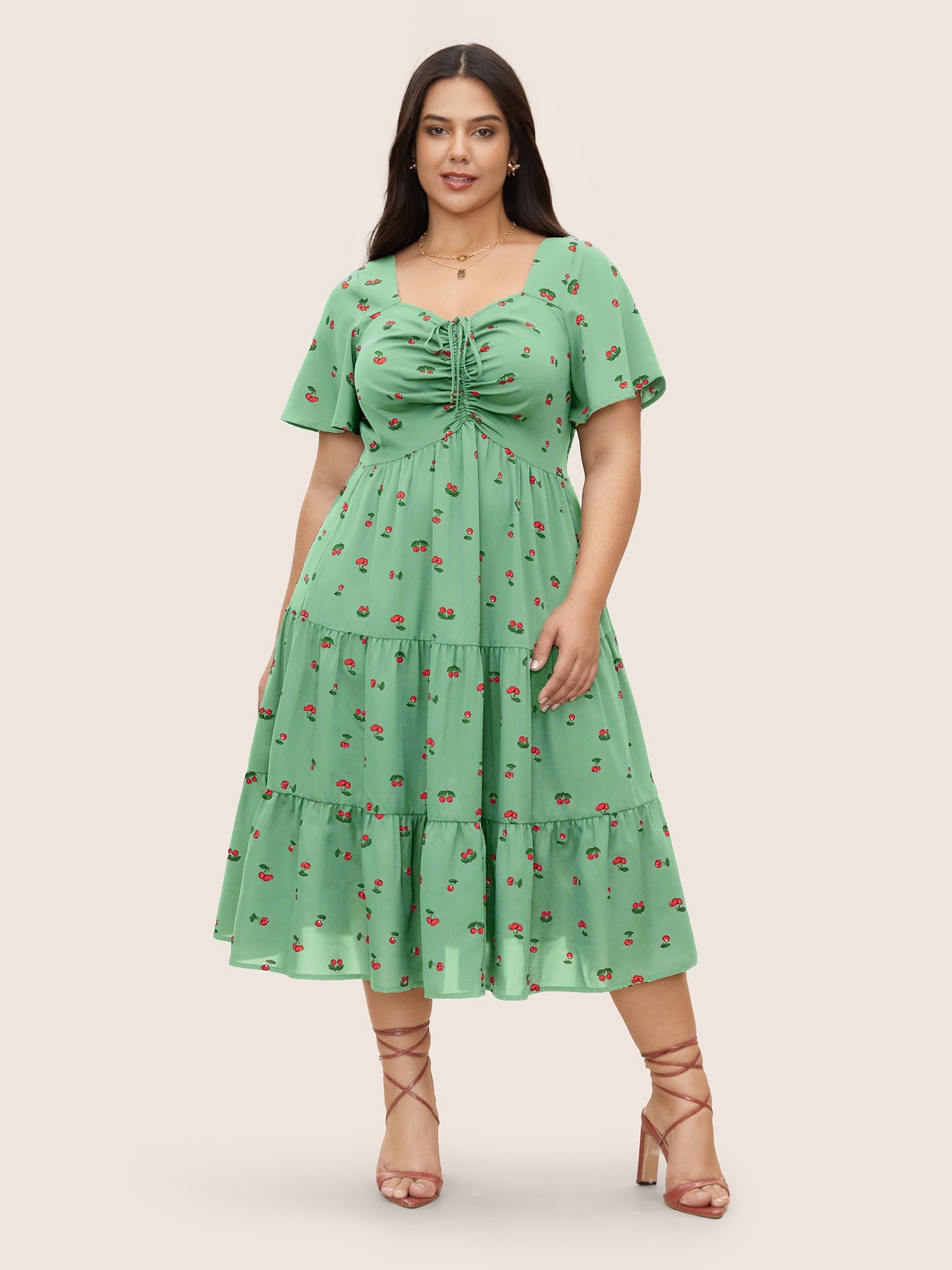 Citrus Fruit Print Heart Neckline Drawstring Pleated Dress