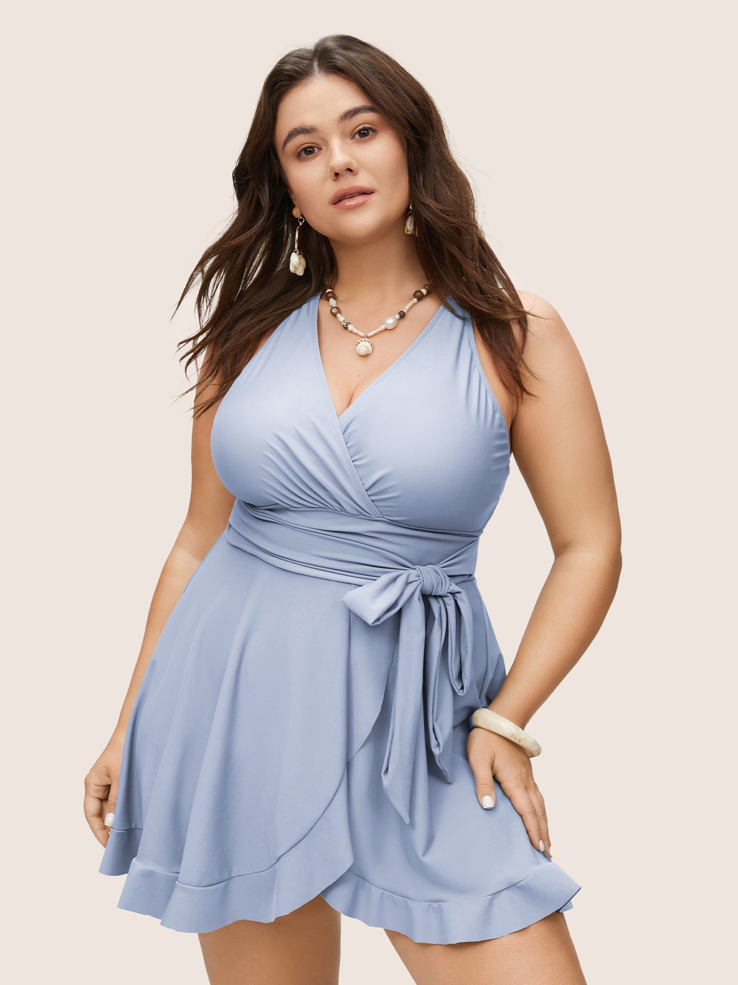 Plain Ties Wrap Flutters Swim Dress