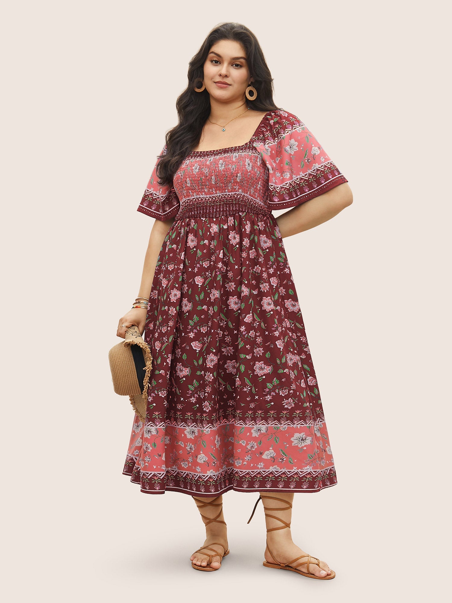 Ditsy Floral Shirred Patchwork Ruffle Sleeve Dress