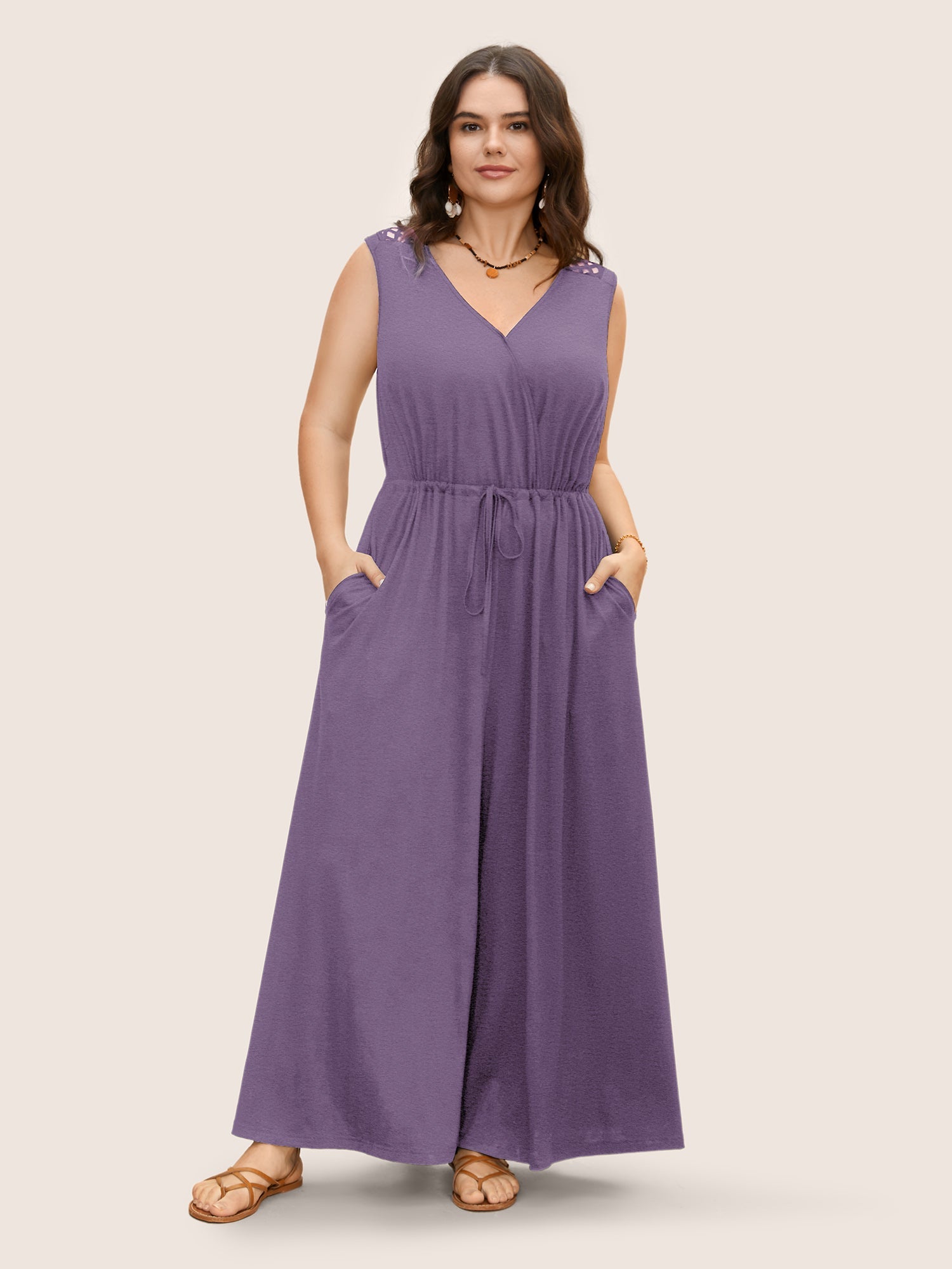 V Neck Crocheted Cut Out Jumpsuit
