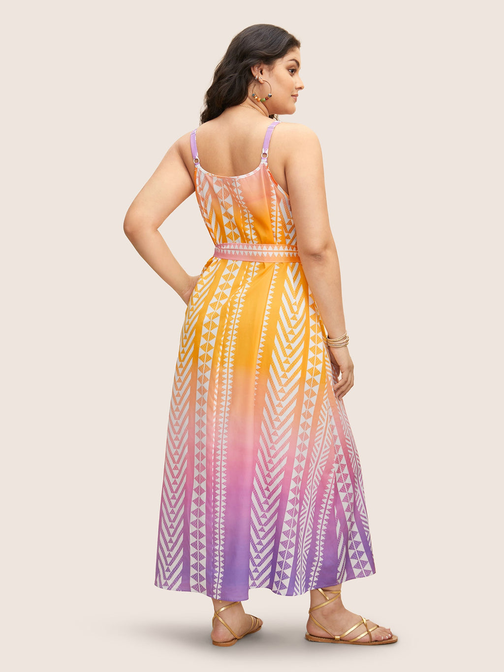 Ombre Contrast Geometric Belted Maxi Dress