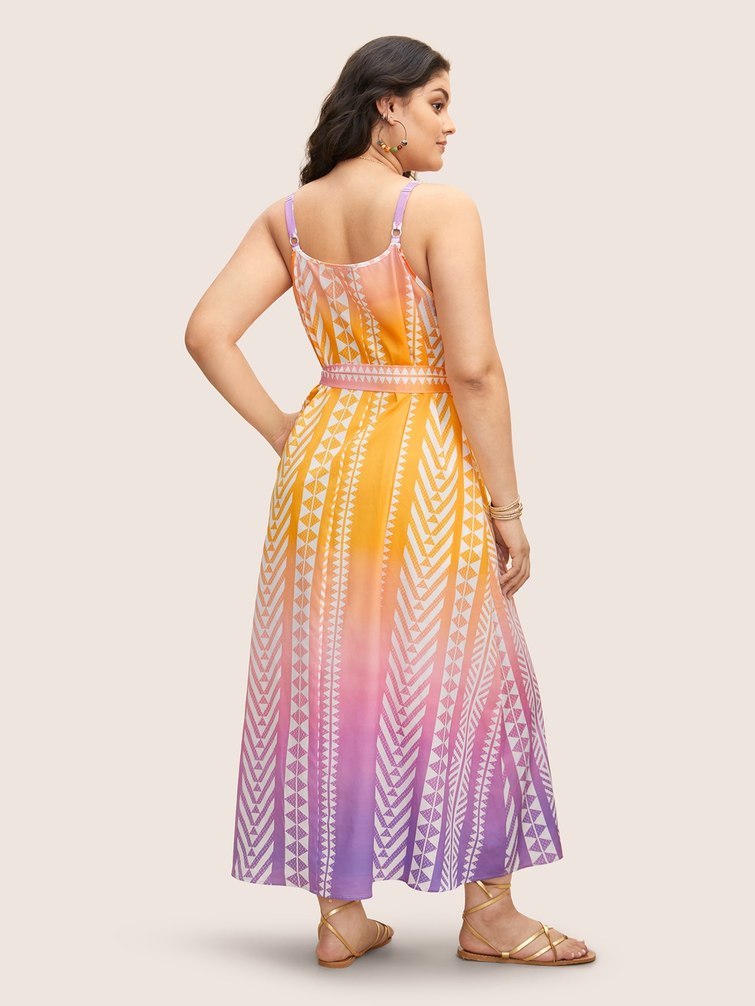 Ombre Contrast Geometric Belted Maxi Dress