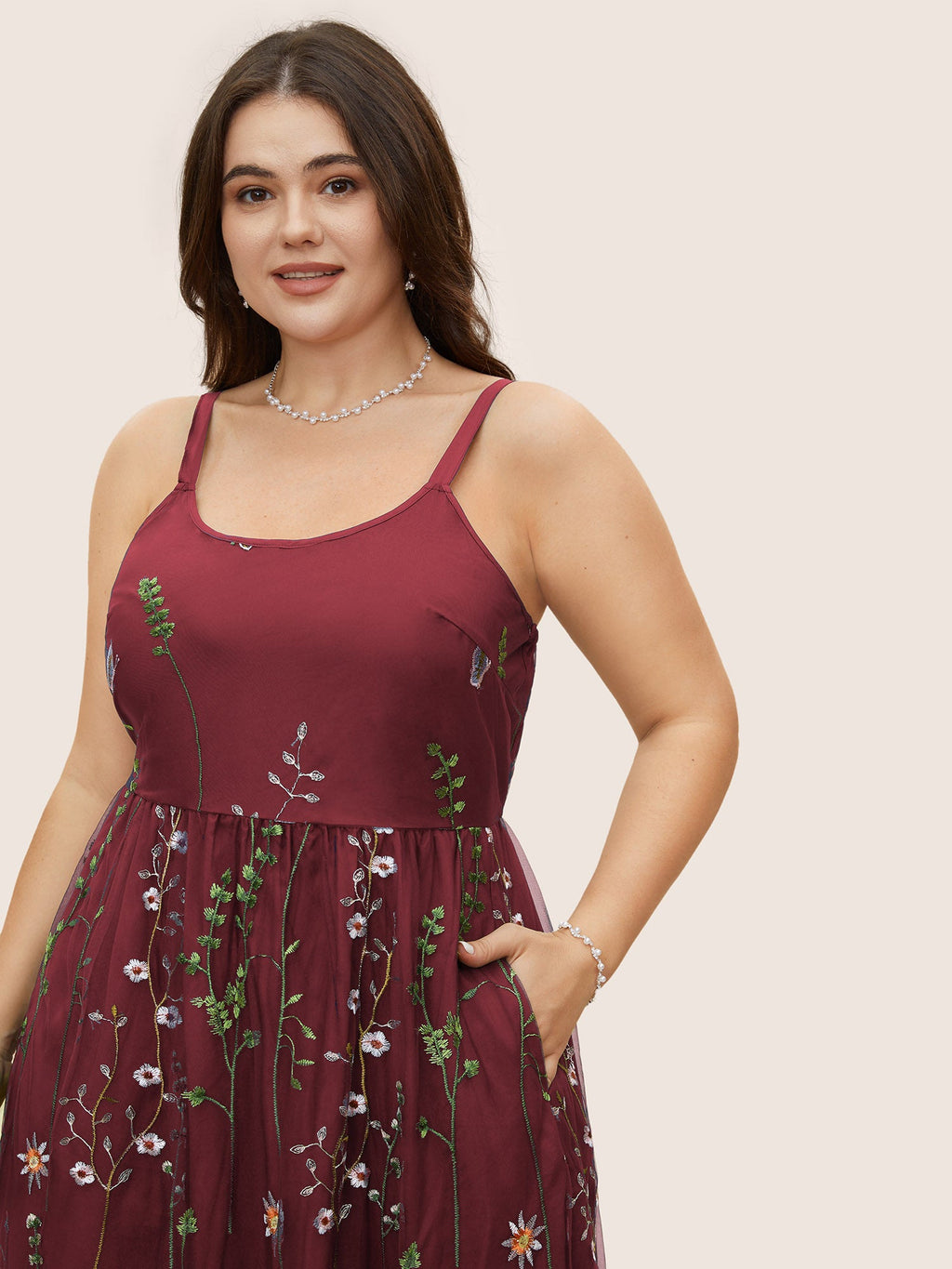 U Neck Floral Embroidered Mesh Cami Dress