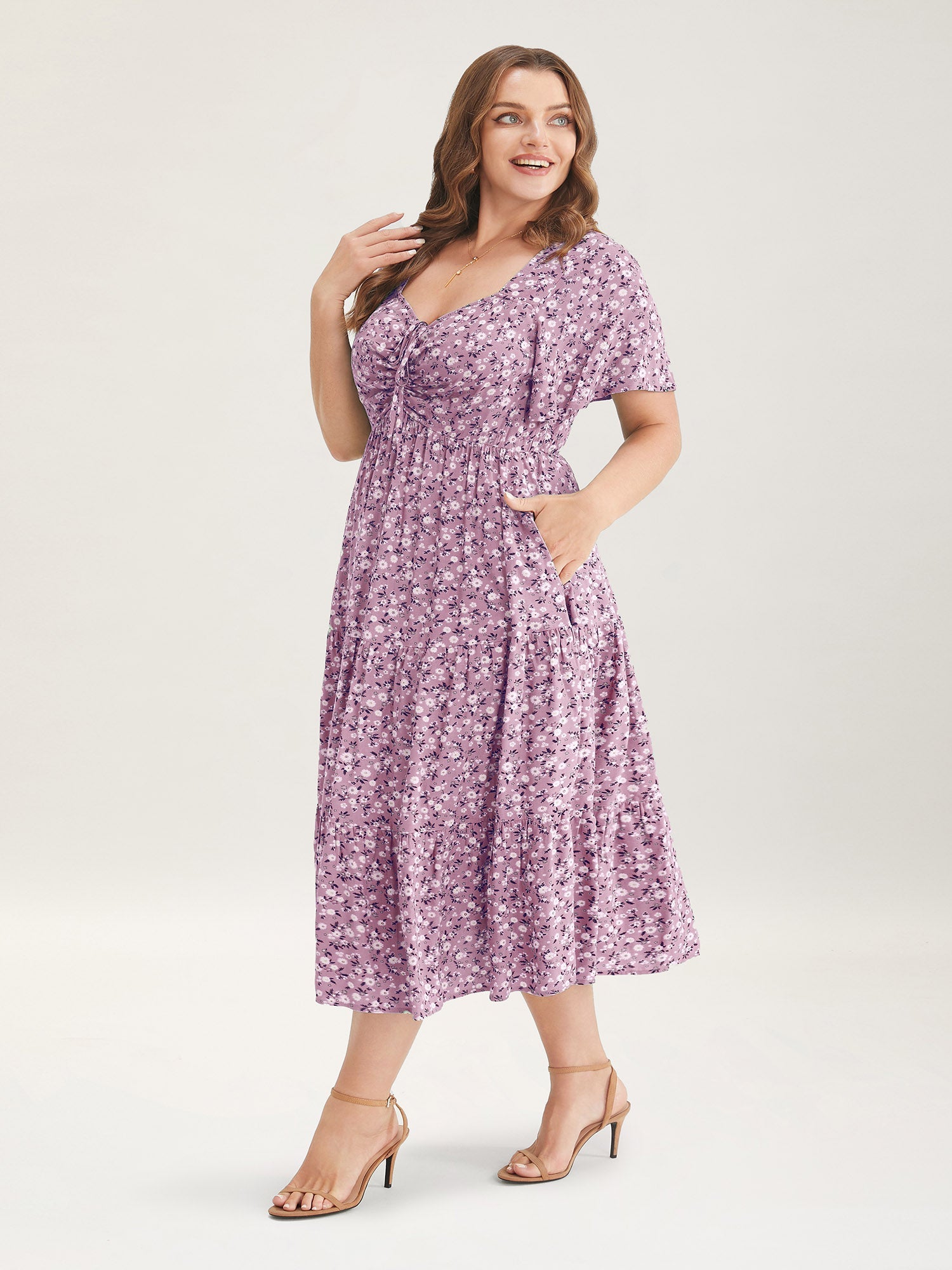 Ditsy Floral Drawstring Ruched Pocket Ruffle Tiered Dress