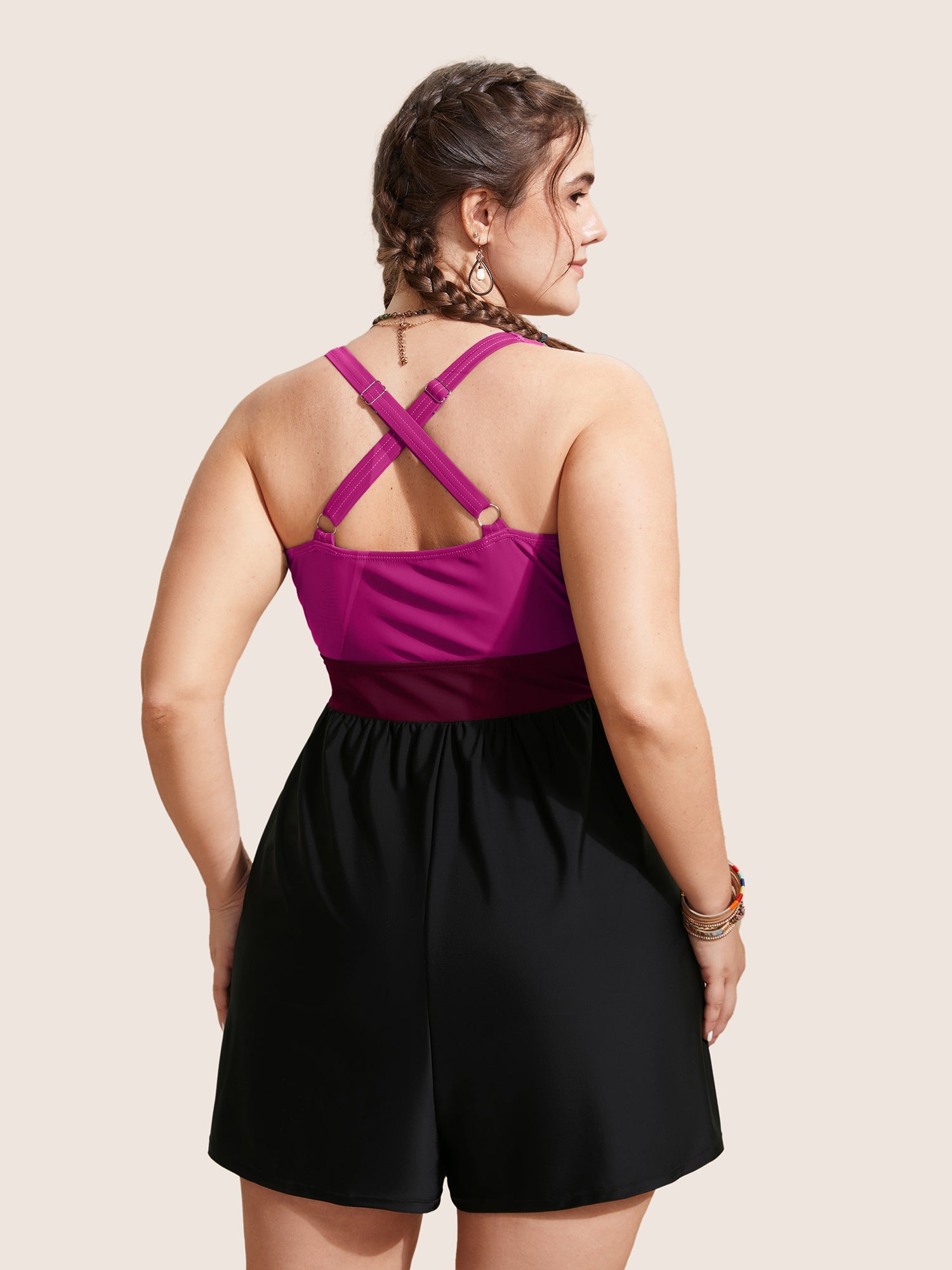 Patchwork Contrast Crossover One Piece Swimsuit