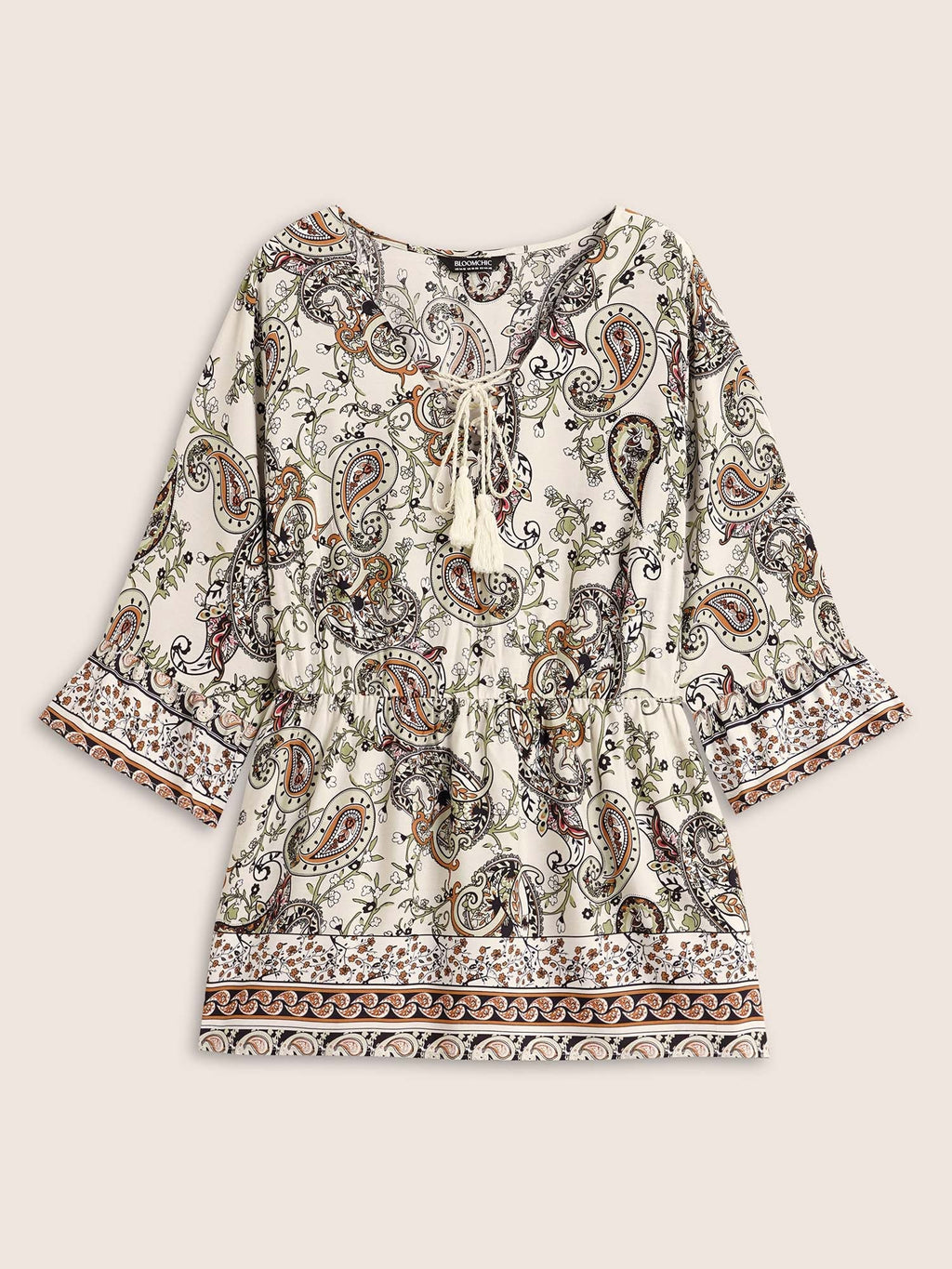 Boho Print Tie Knot Tassels Crisscross Blouse