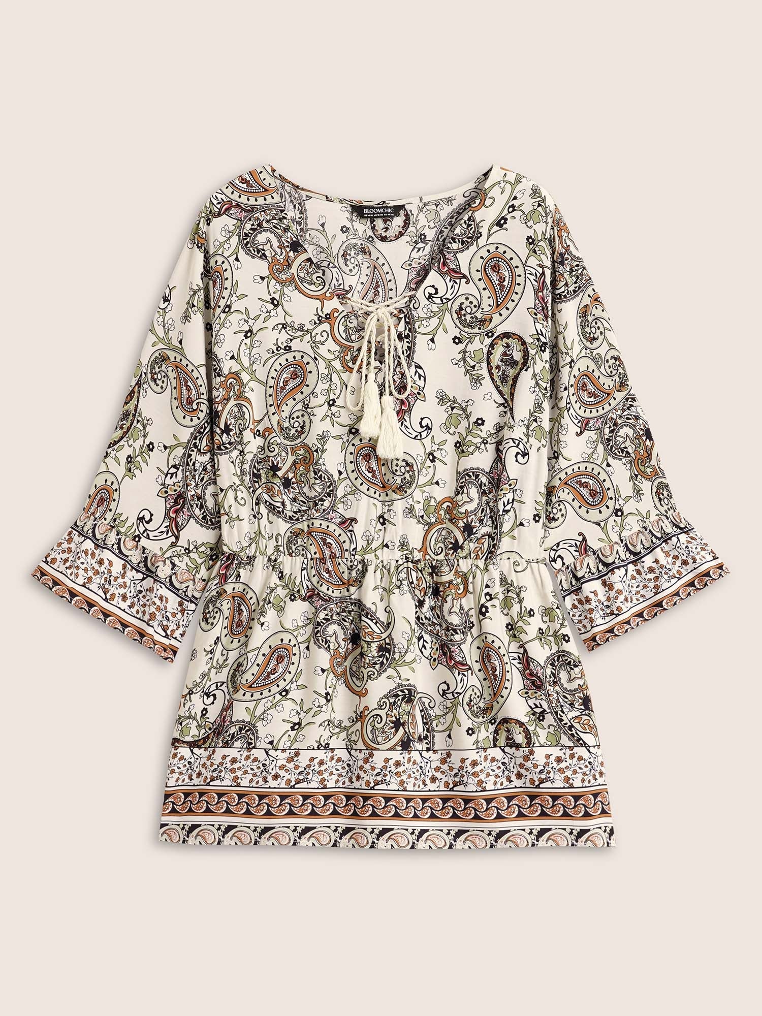 Boho Print Tie Knot Tassels Crisscross Blouse