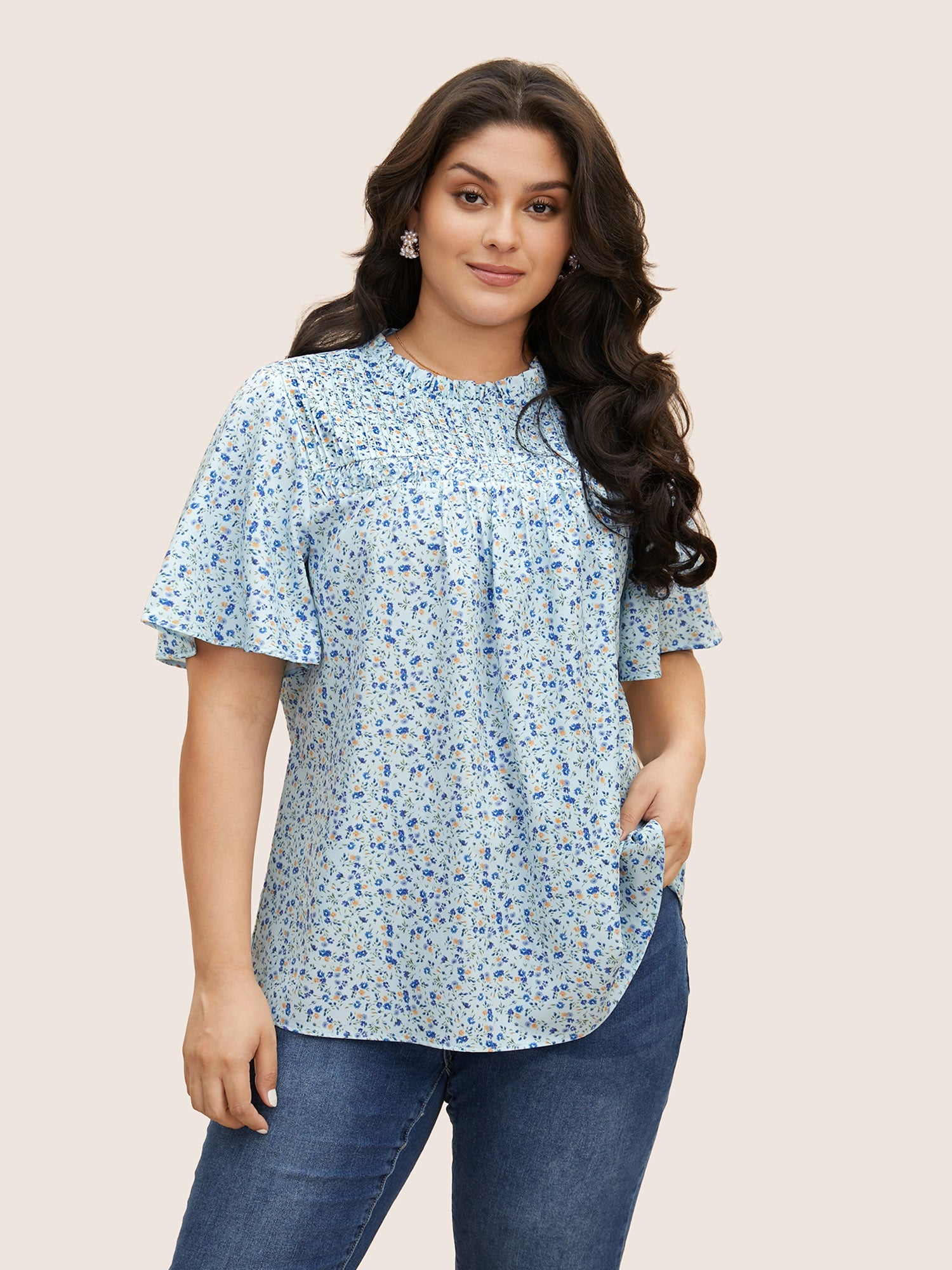 Ditsy Floral Plicated Detail Frill Trim Blouse