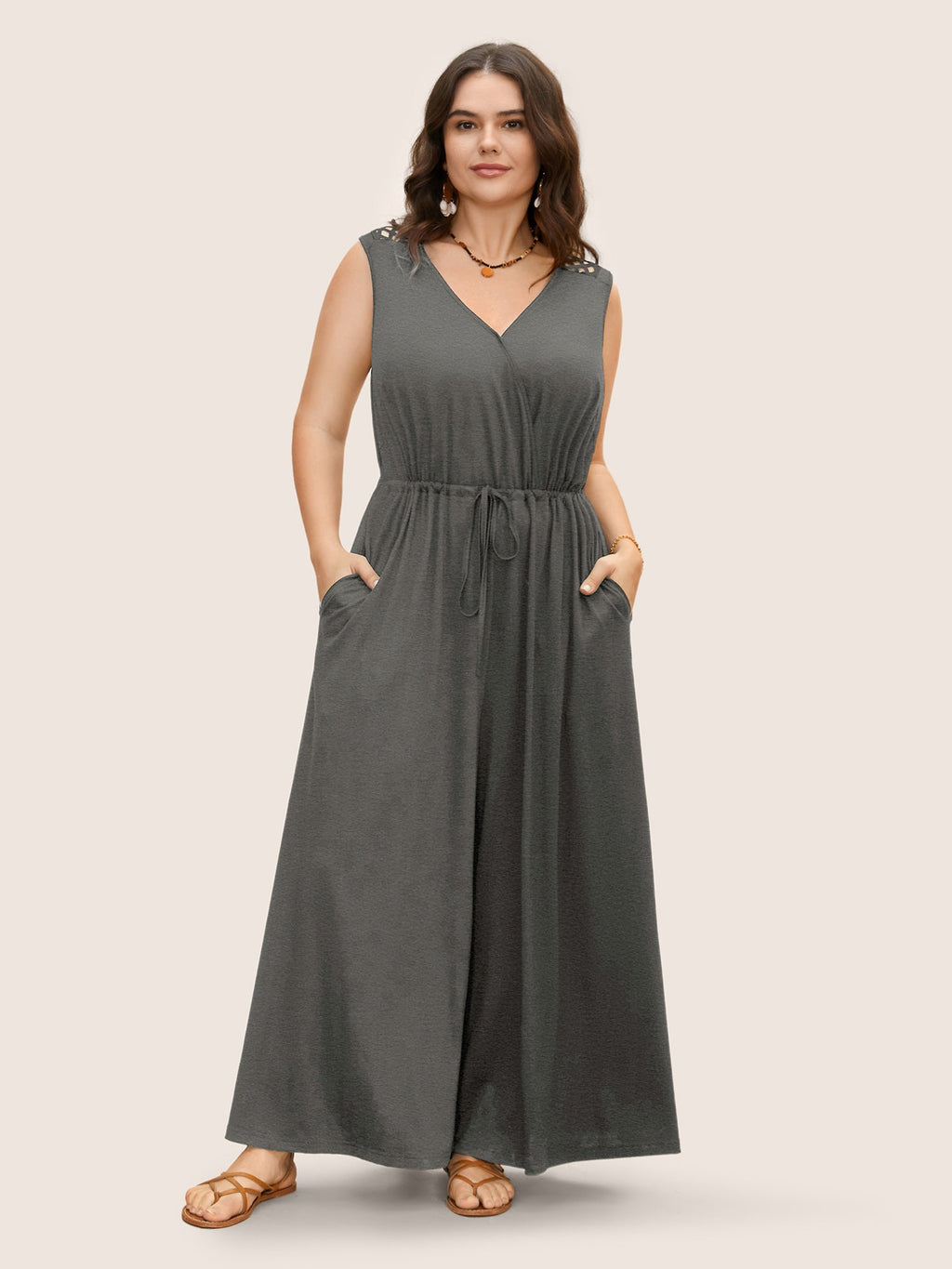 V Neck Crocheted Cut Out Jumpsuit