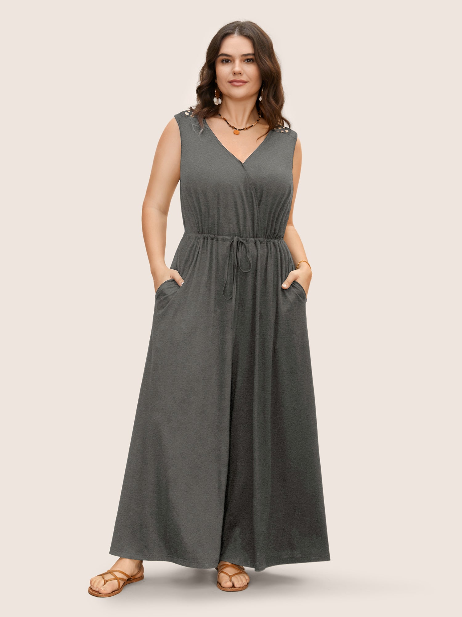 V Neck Crocheted Cut Out Jumpsuit