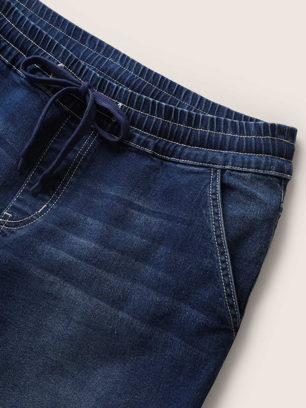 Roll Hem Elastic Waist Drawstring Denim Shorts