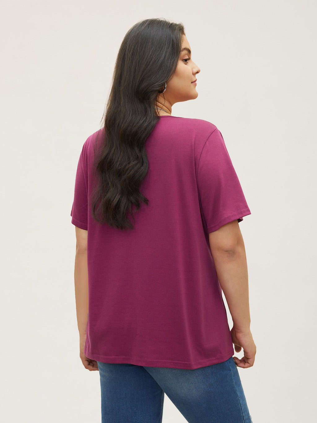 Solid Pleated Front Button Detail V Neck T-shirt