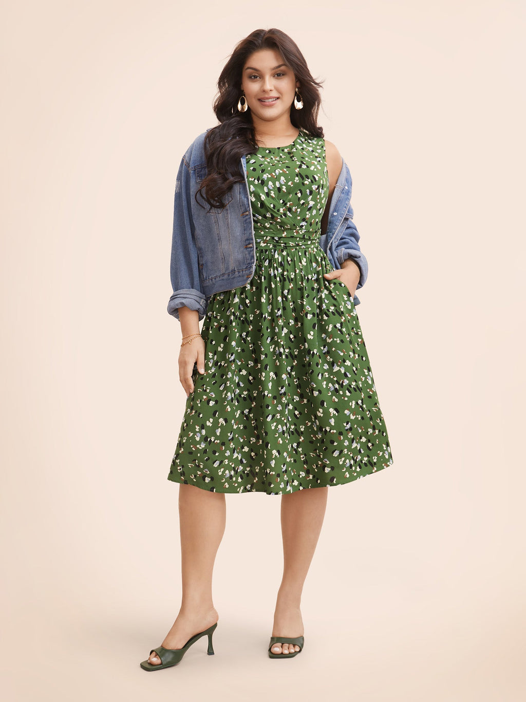 Allover Print Pocket Flutter Crossover Ruched Tank Dress