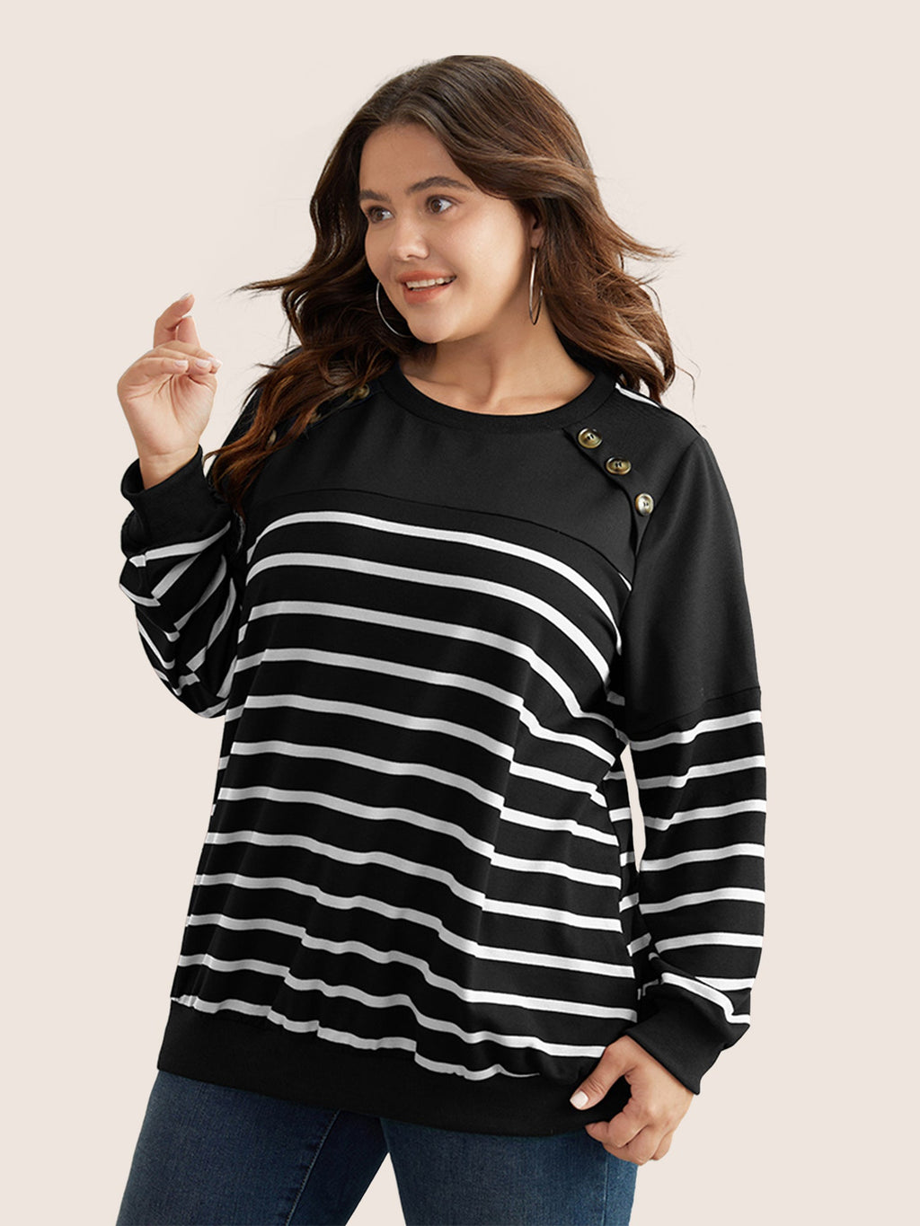 Striped Patchwork Button Detail Sweatshirt