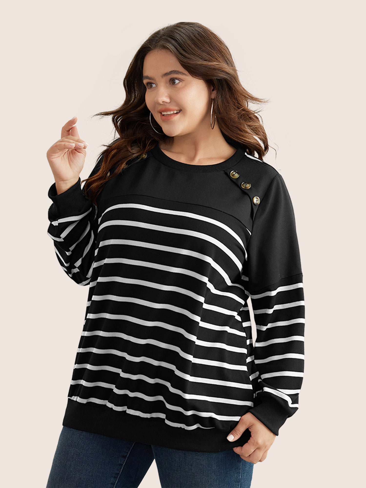 Striped Patchwork Button Detail Sweatshirt