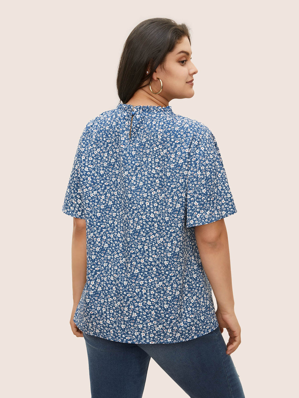 Ditsy Floral Plicated Detail Frill Trim Blouse