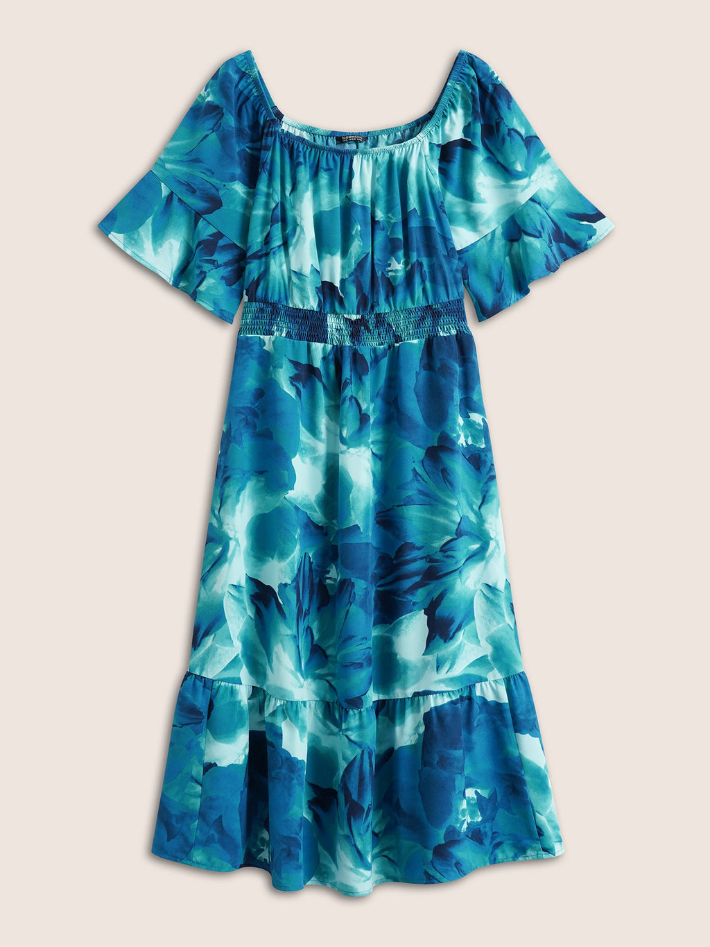 Square Neck Floral Shirred Ruffle Sleeve Dress