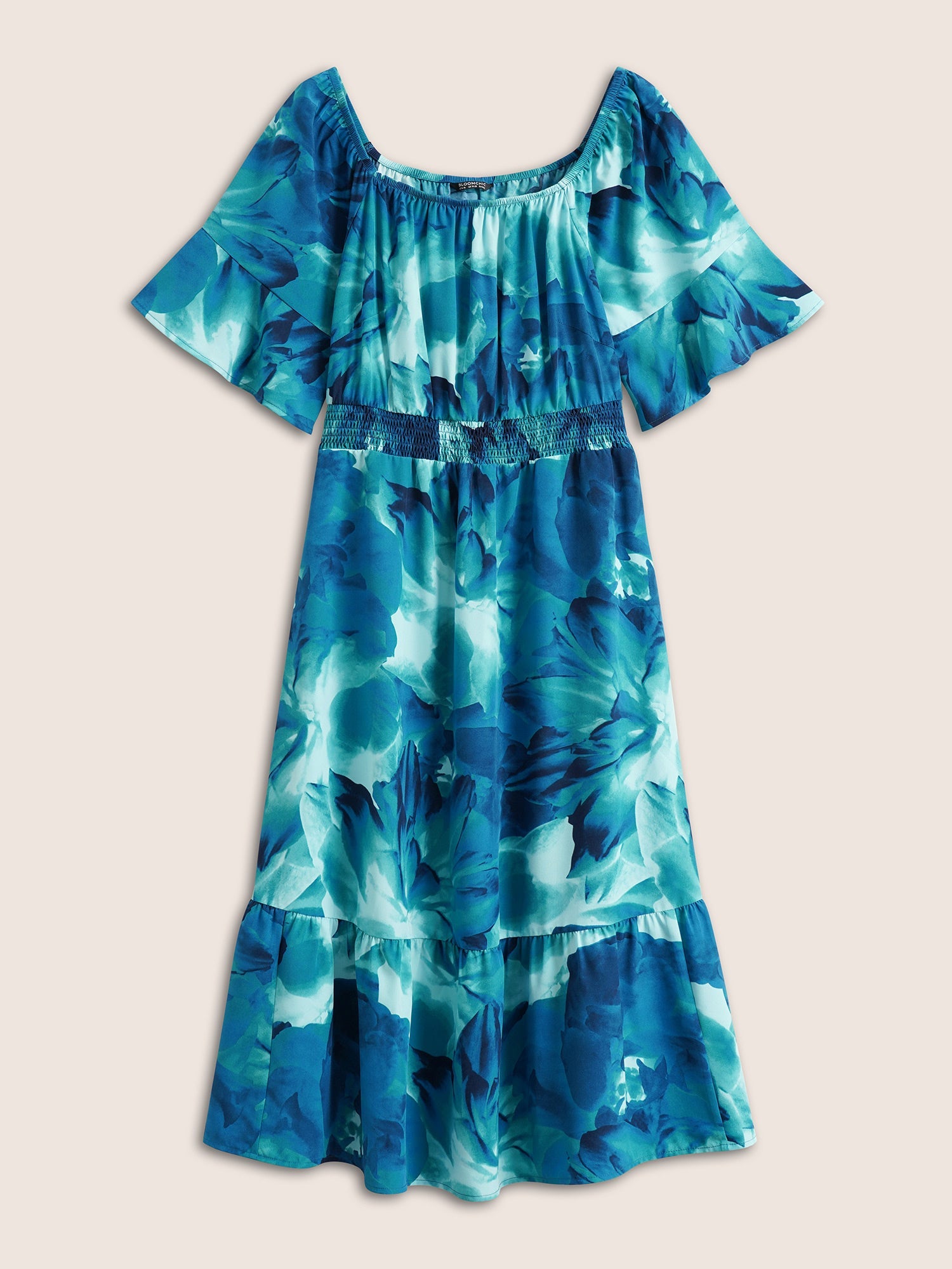 Square Neck Floral Shirred Ruffle Sleeve Dress