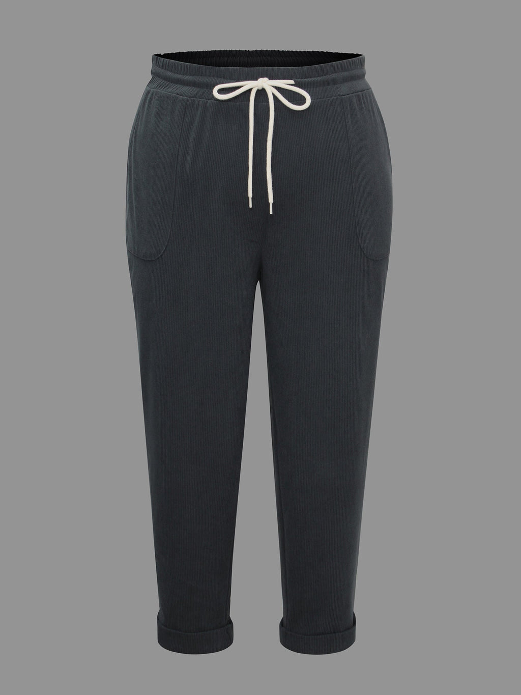 Plain Drawstring Slant Pocket Roll Hem Pants