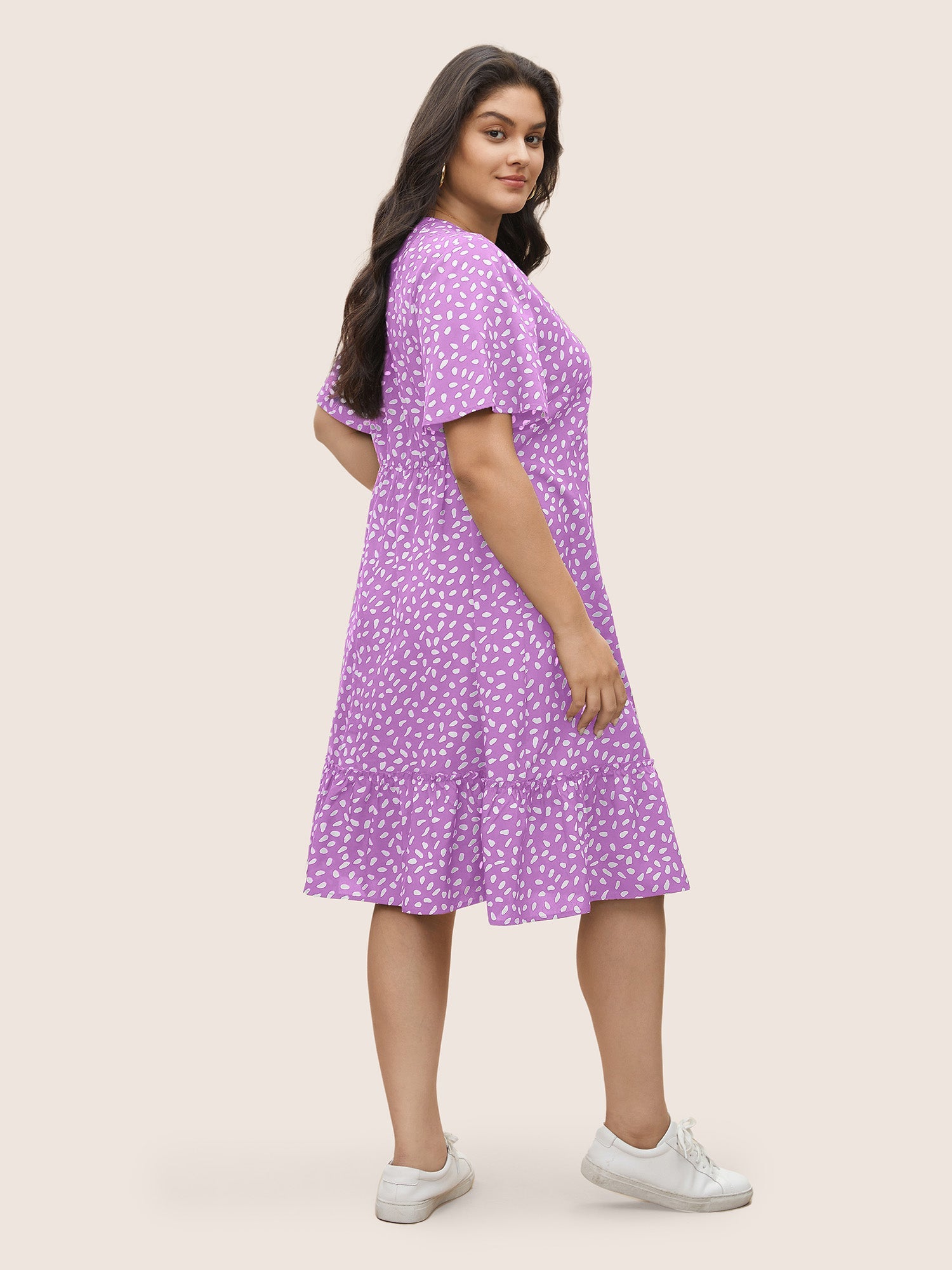 Polka Dot Button Detail Flutter Layered Hem Dress