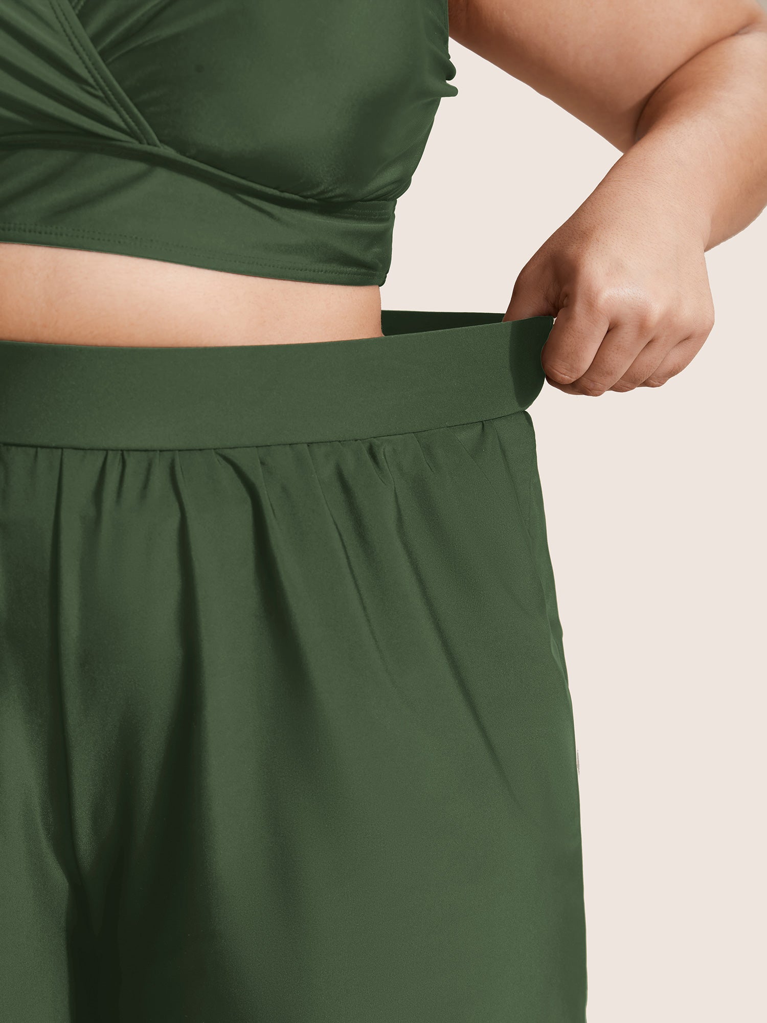 High Waisted Pockets Solid Pleated Swim Bottom