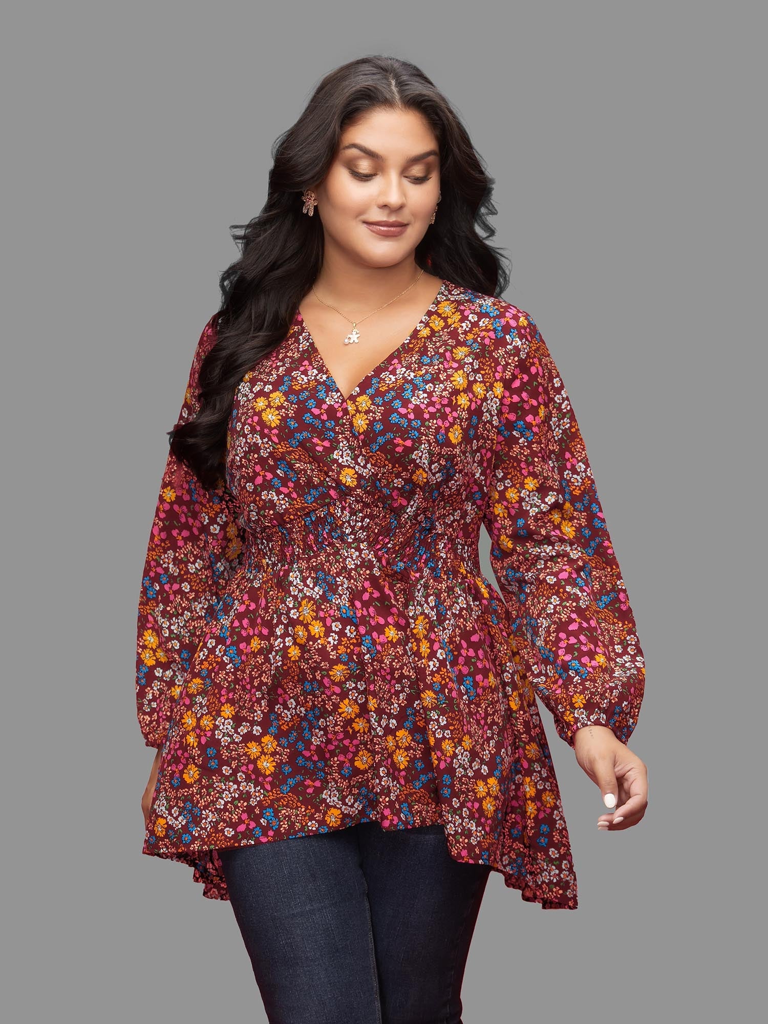 Floral Smocked Waistline Surplice Neck Blouse