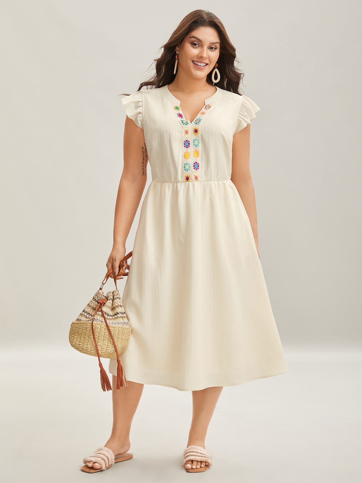 Notched Collar Spliced Pockets Midi Dress