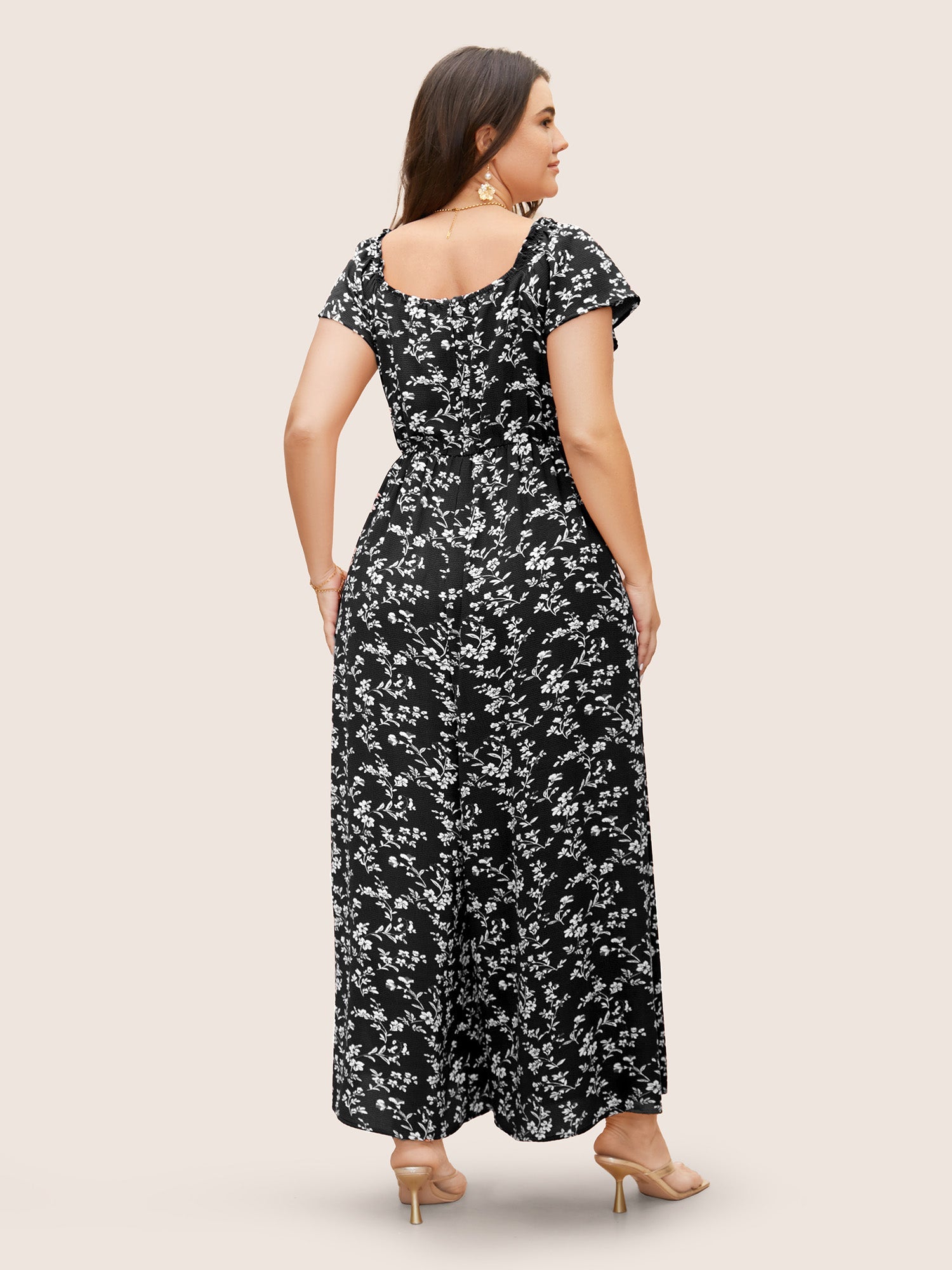 Crew Neck Ditsy Floral Tie Knot Jumpsuit