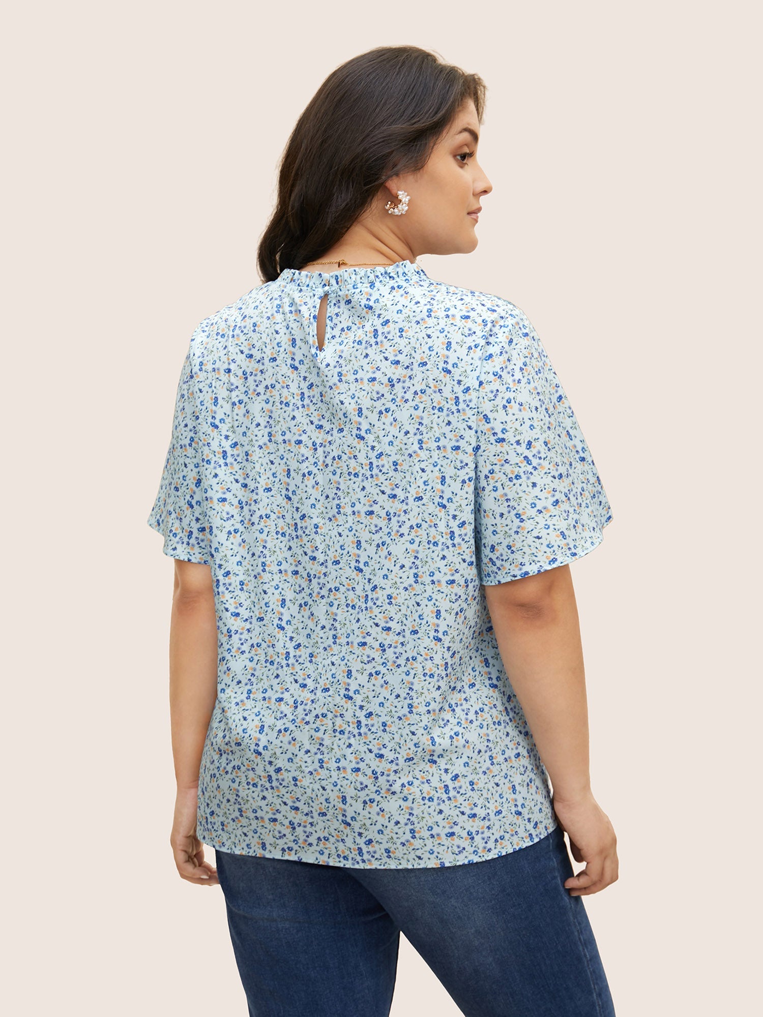 Ditsy Floral Plicated Detail Frill Trim Blouse