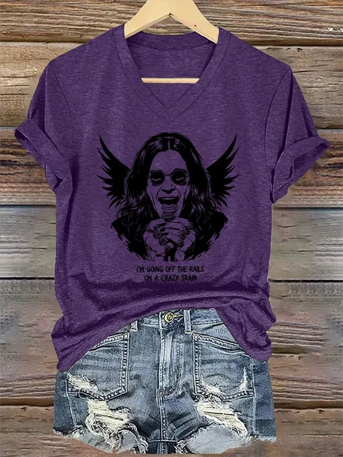 V-Neck Retro Rip Prince Of Darkness I'm Going Off The Rails On A Crazy Train Print T-Shirt