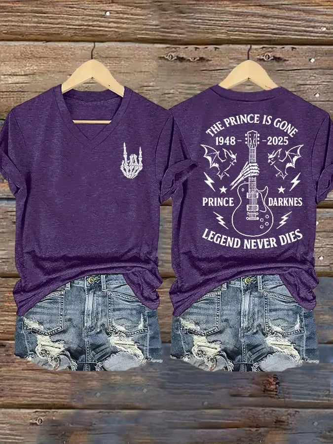 Women's Rock Legend Memorial THE PRINCE IS GONE LEGEND NEVER DIES V-Neck T-Shirt