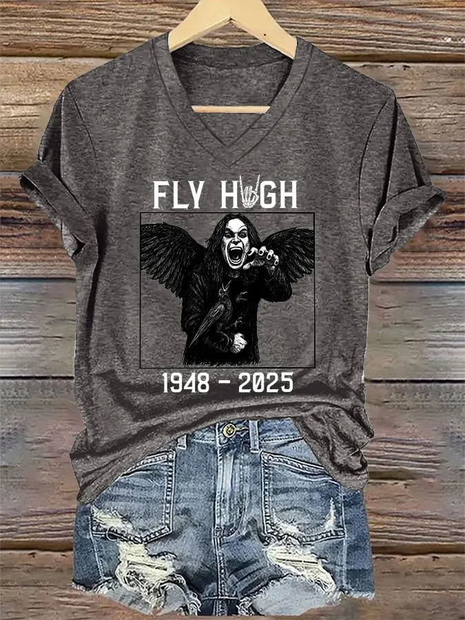V-Neck Retro Rip Prince Of Darkness Fly High Print T-Shirt