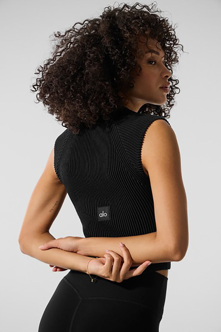 DENIM KNIT SLEEVELESS FULL ZIP TOP