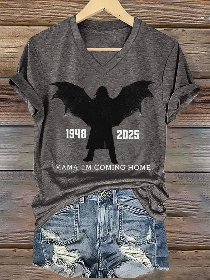 V-Neck Retro Rip Prince Of Darkness Mama,I'm Coming Home  1948–2025 Bat Wing Print T-Shirt