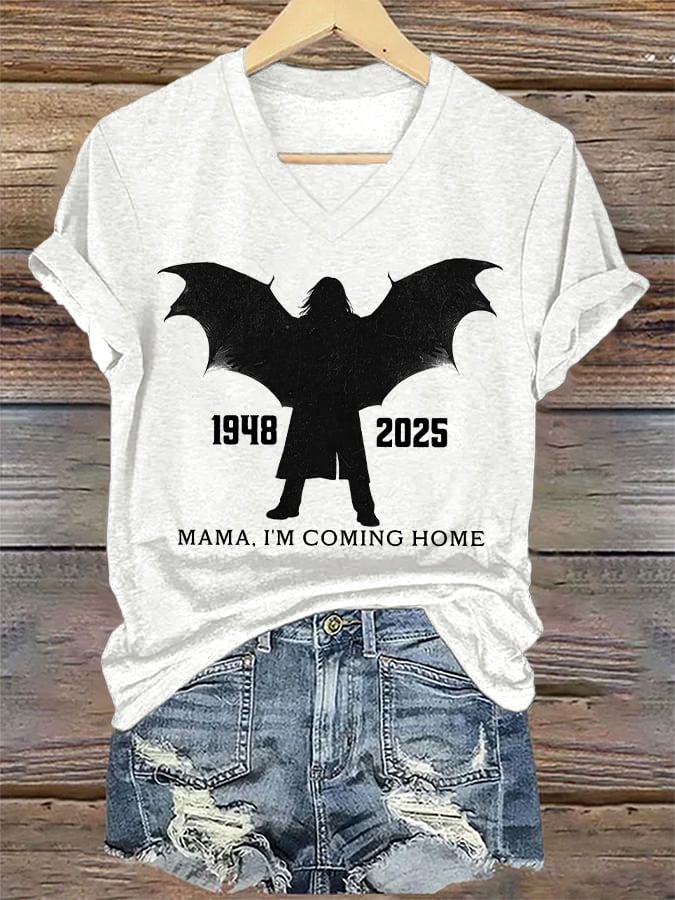V-Neck Retro Rip Prince Of Darkness Mama,I'm Coming Home  1948–2025 Bat Wing Print T-Shirt