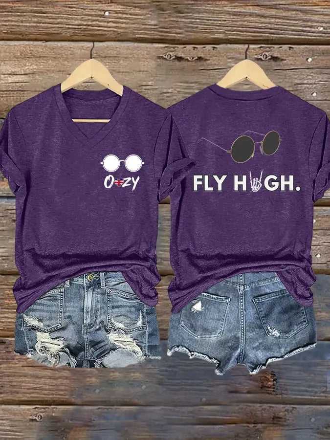 V-Neck Retro Rip Prince Of Darkness Fly High Print T-Shirt