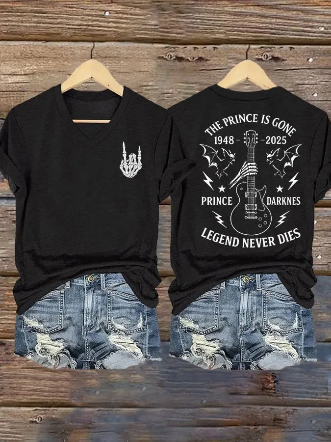 Women's Rock Legend Memorial THE PRINCE IS GONE LEGEND NEVER DIES V-Neck T-Shirt