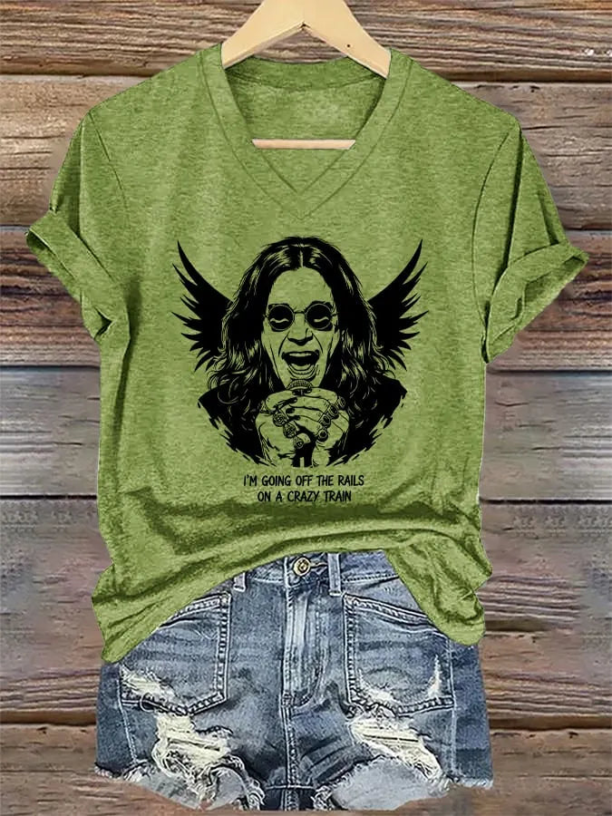 V-Neck Retro Rip Prince Of Darkness I'm Going Off The Rails On A Crazy Train Print T-Shirt