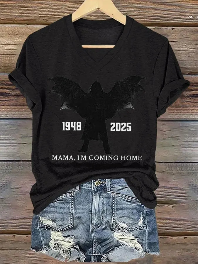 V-Neck Retro Rip Prince Of Darkness Mama,I'm Coming Home  1948–2025 Bat Wing Print T-Shirt