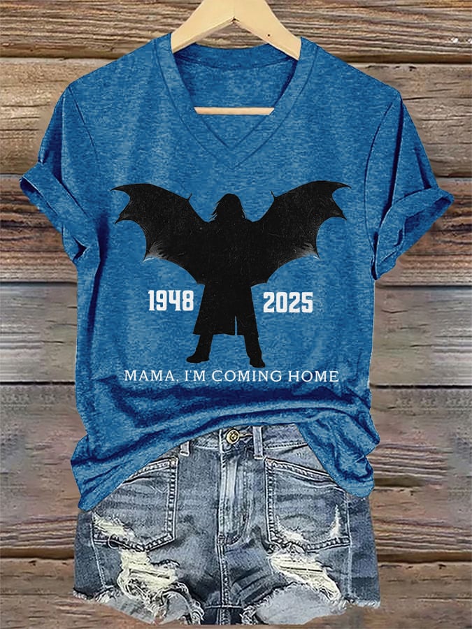 V-Neck Retro Rip Prince Of Darkness Mama,I'm Coming Home  1948–2025 Bat Wing Print T-Shirt